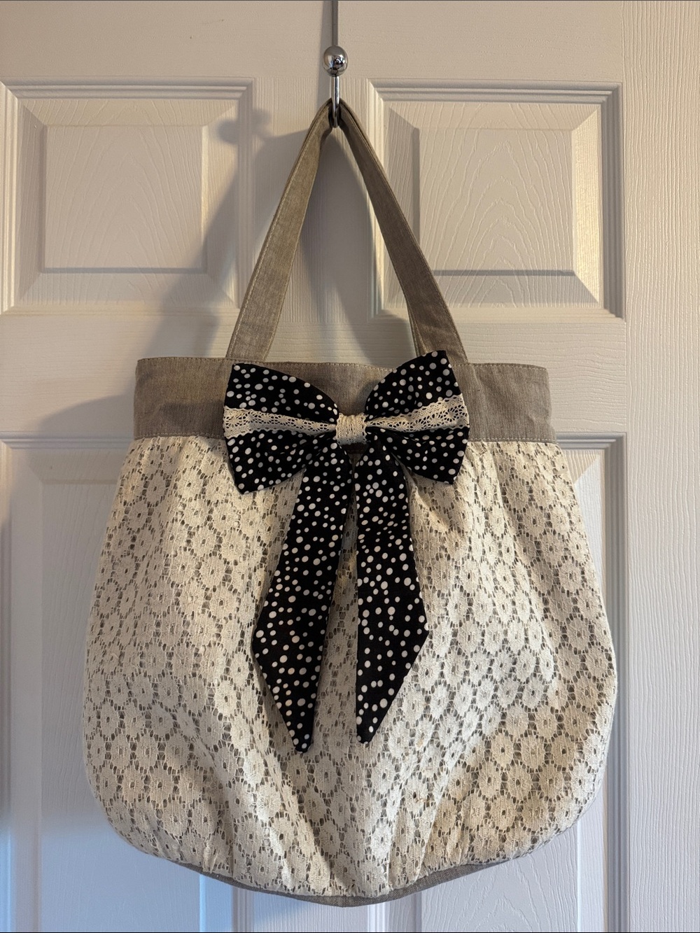 Cream Lace Tote with Black Polka Dot Bow